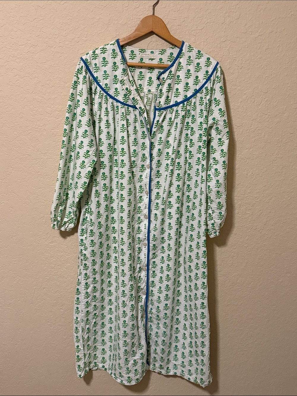 Printfresh White Nightgown with Green Floral Print and Blue Trim
